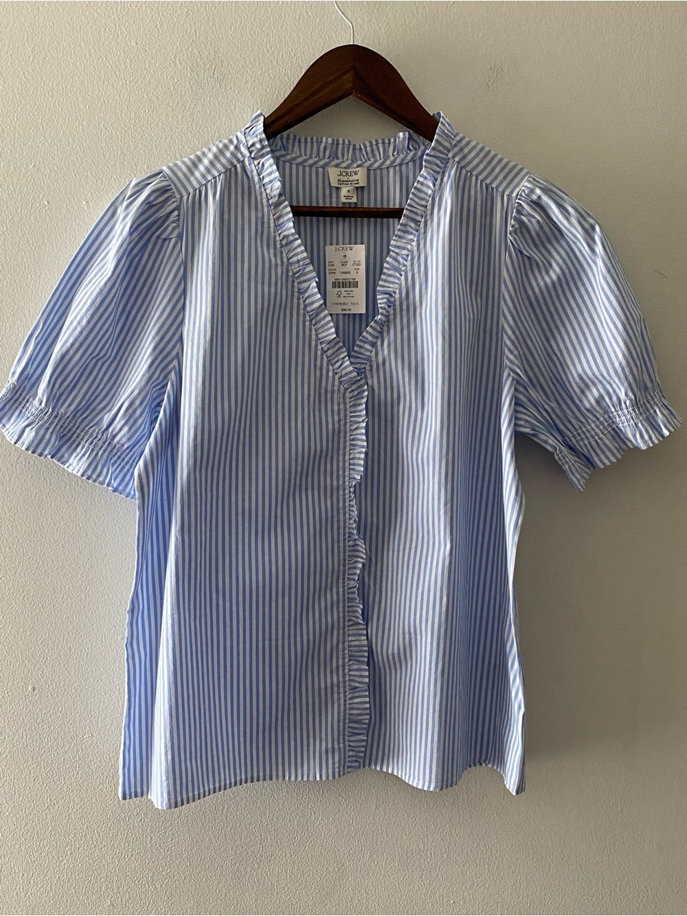 J. Crew Blue and White Striped Ruffle V-Neck Puff Sleeve Blouse